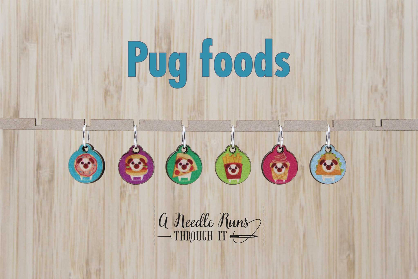 Pug foods, Stitch markers set, sock knitter, pugs snag free stitch markers, pugs with food costumes color stitch markers set, cute pugs