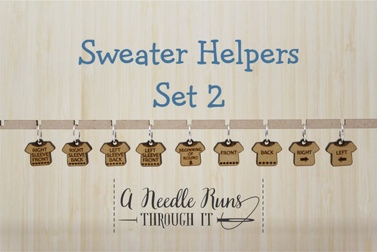 Sweater Helpers stitch marker sets, Helpful stitch markers, increase marker, decrease marker, ruler and pin holder, progress keepers.