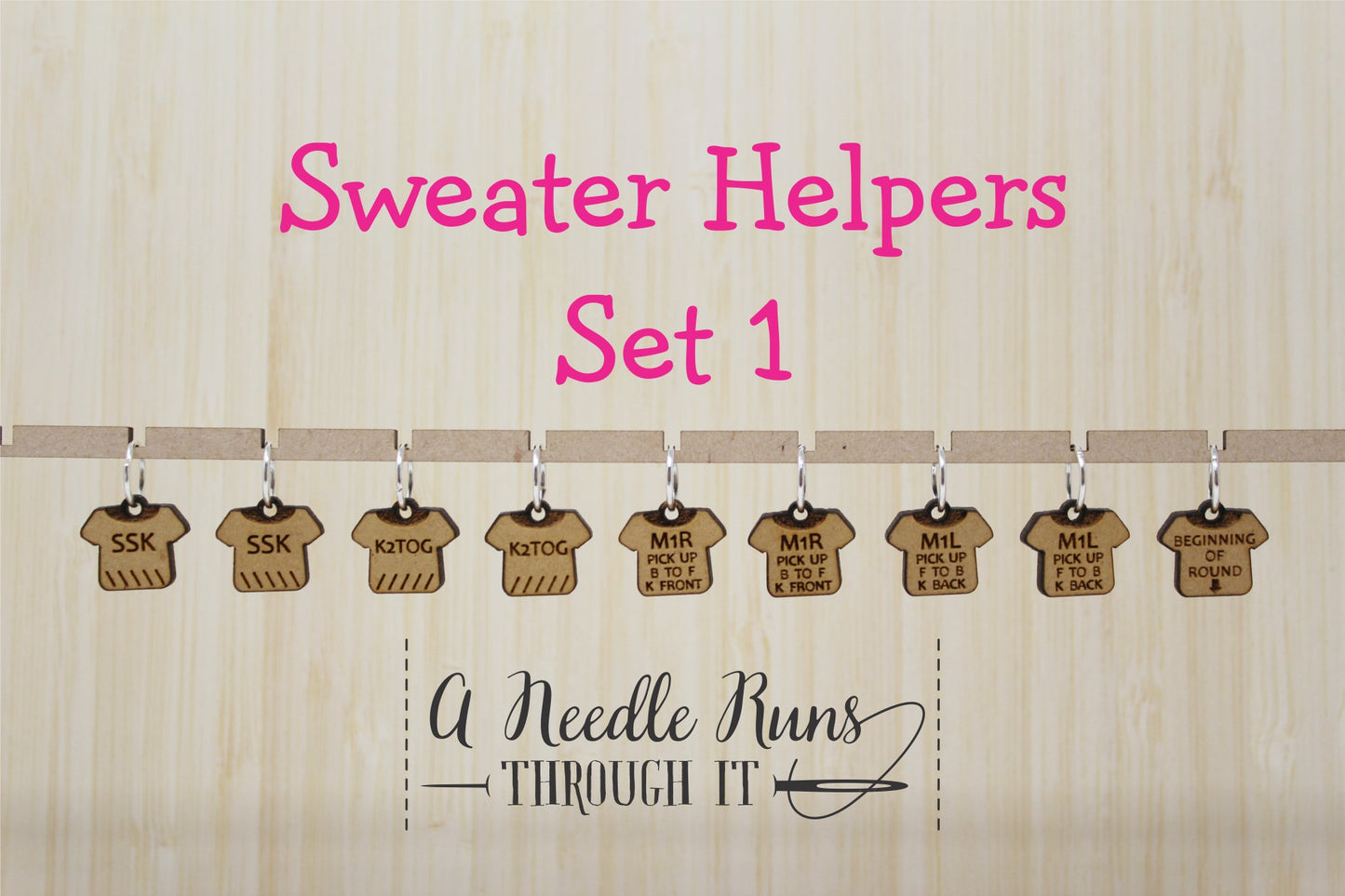 Sweater Helpers stitch marker sets, Helpful stitch markers, increase marker, decrease marker, ruler and pin holder, progress keepers.