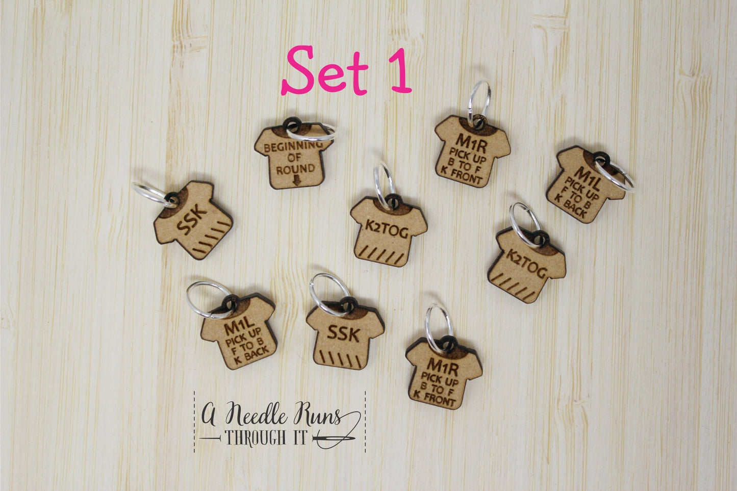 Sweater Helpers stitch marker sets, Helpful stitch markers, increase marker, decrease marker, ruler and pin holder, progress keepers.