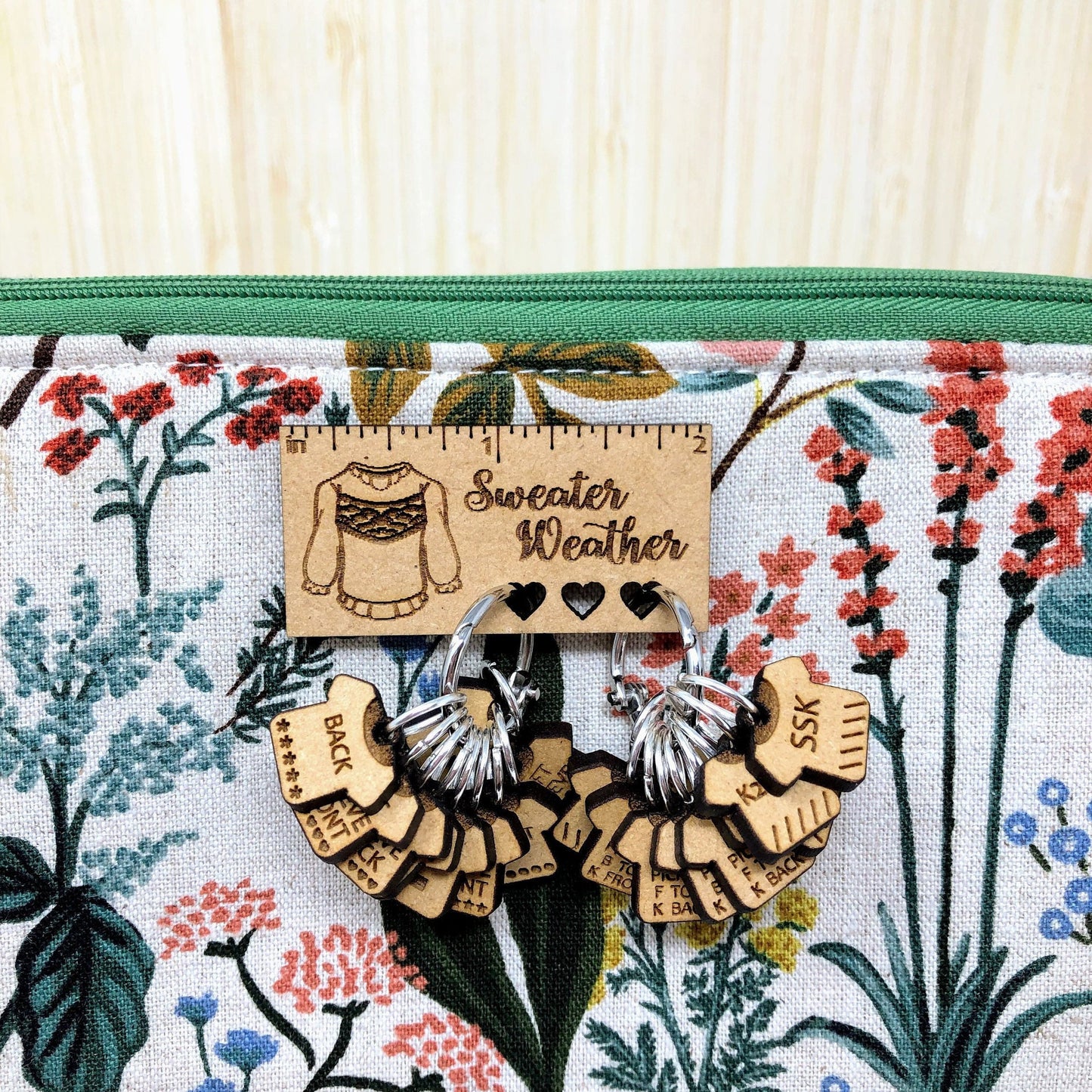 Sweater Helpers stitch marker sets, Helpful stitch markers, increase marker, decrease marker, ruler and pin holder, progress keepers.