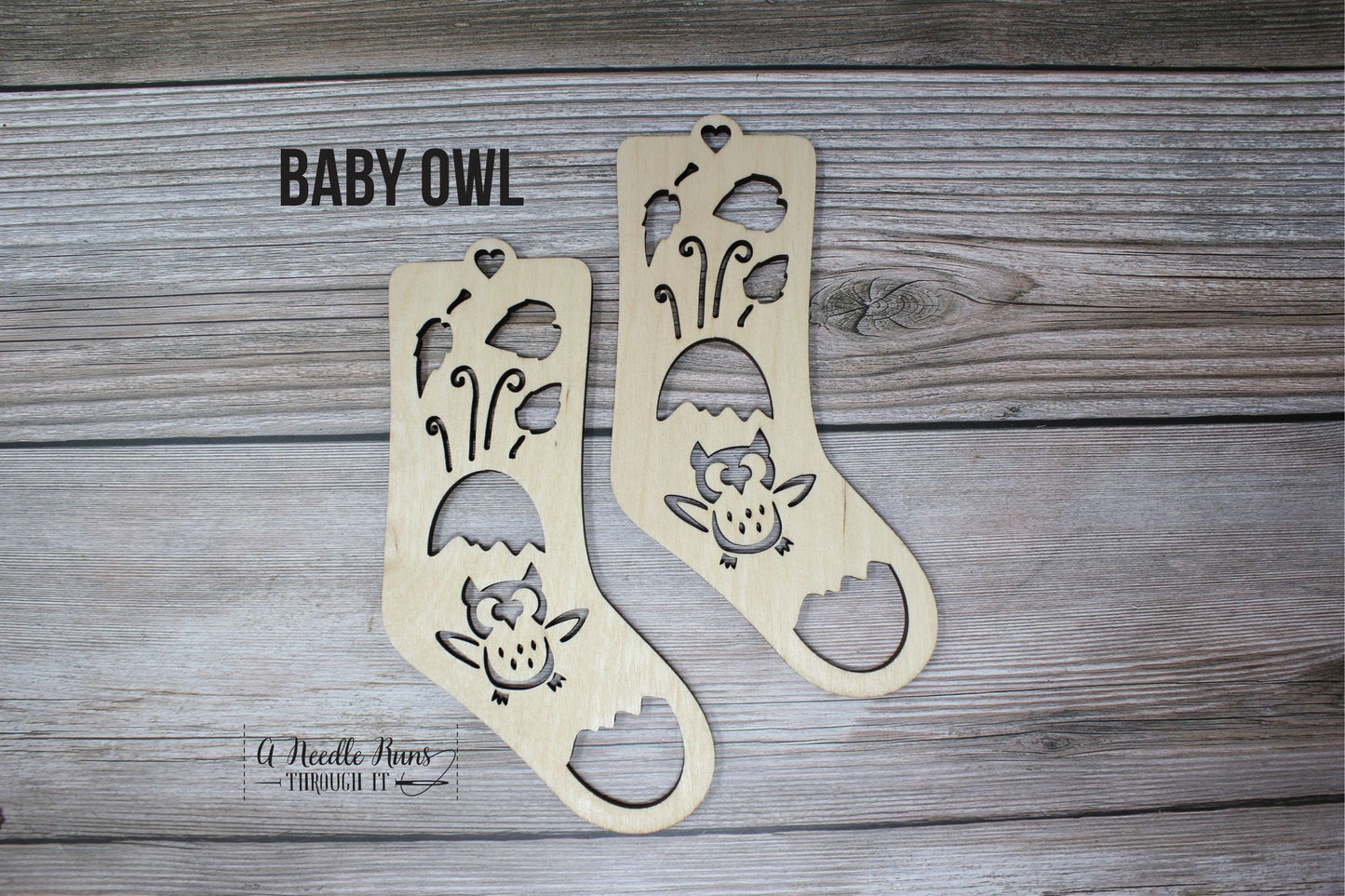 Owl Baby Sock Blockers, Baltic Birch Owl Design Wood Sock blockers, pair of blockers for knitting baby socks. Baby sock form