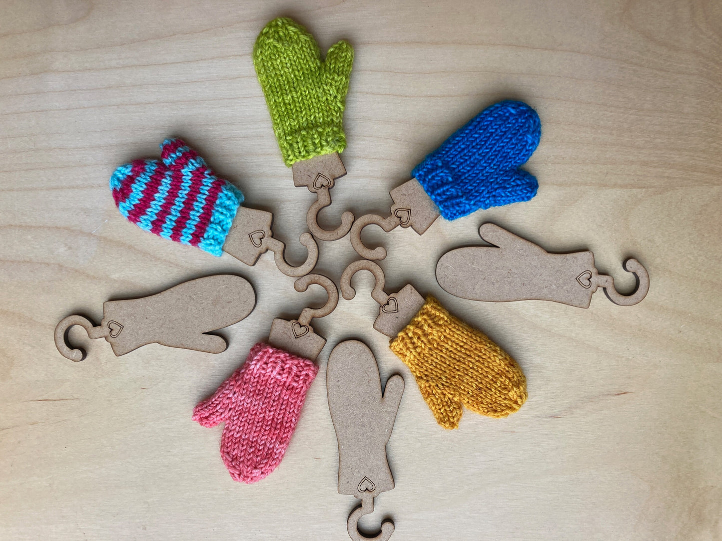 Tiny Mitten Blockers hanger for knitted mitten ornaments. Ornament sock pattern. Cute ornament wooden hanger for tiny knitted mittens