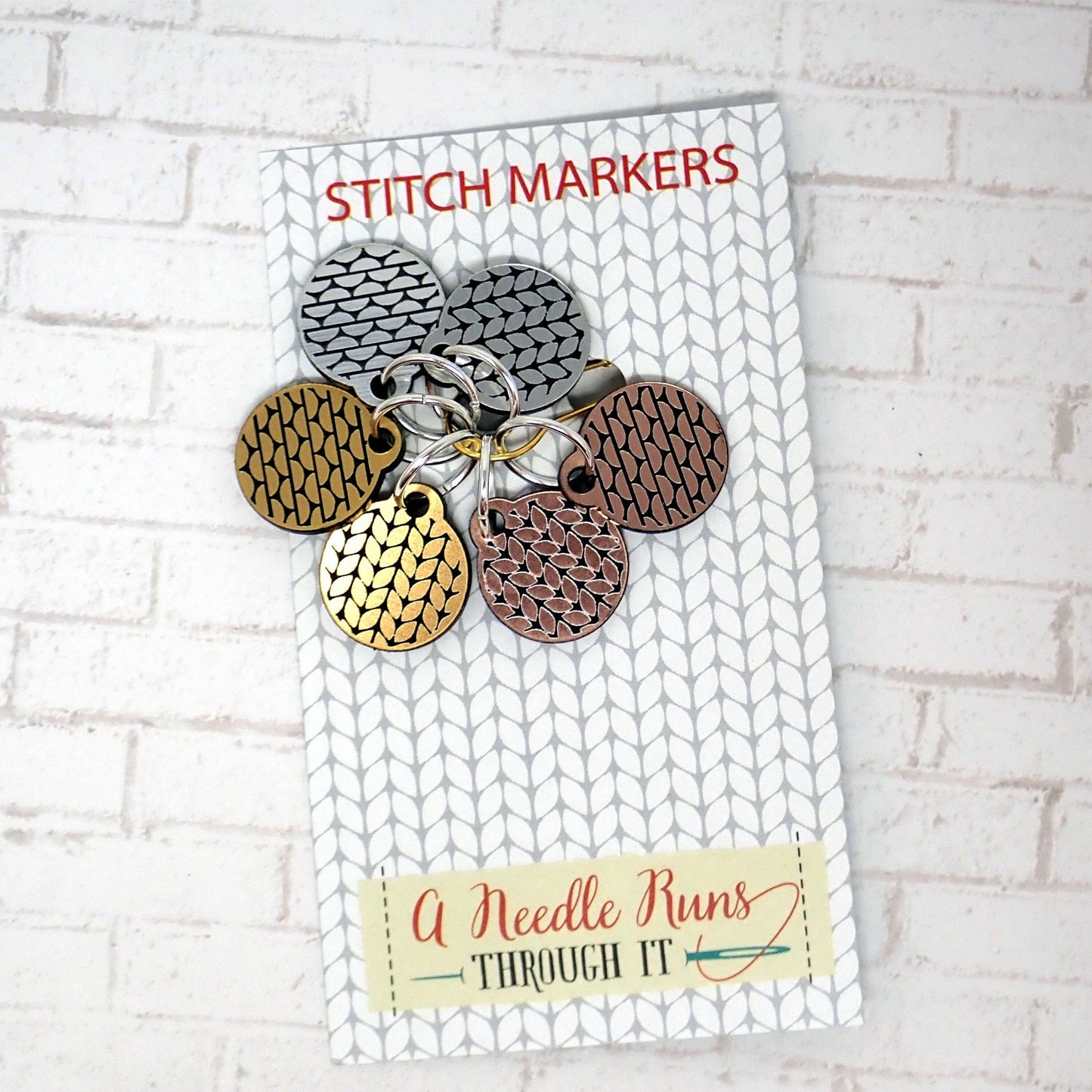 Brushed metal rose gold, gold and silver knit and purl stitch markers, metallic look stich markers for knitting, knit purl progress keepers