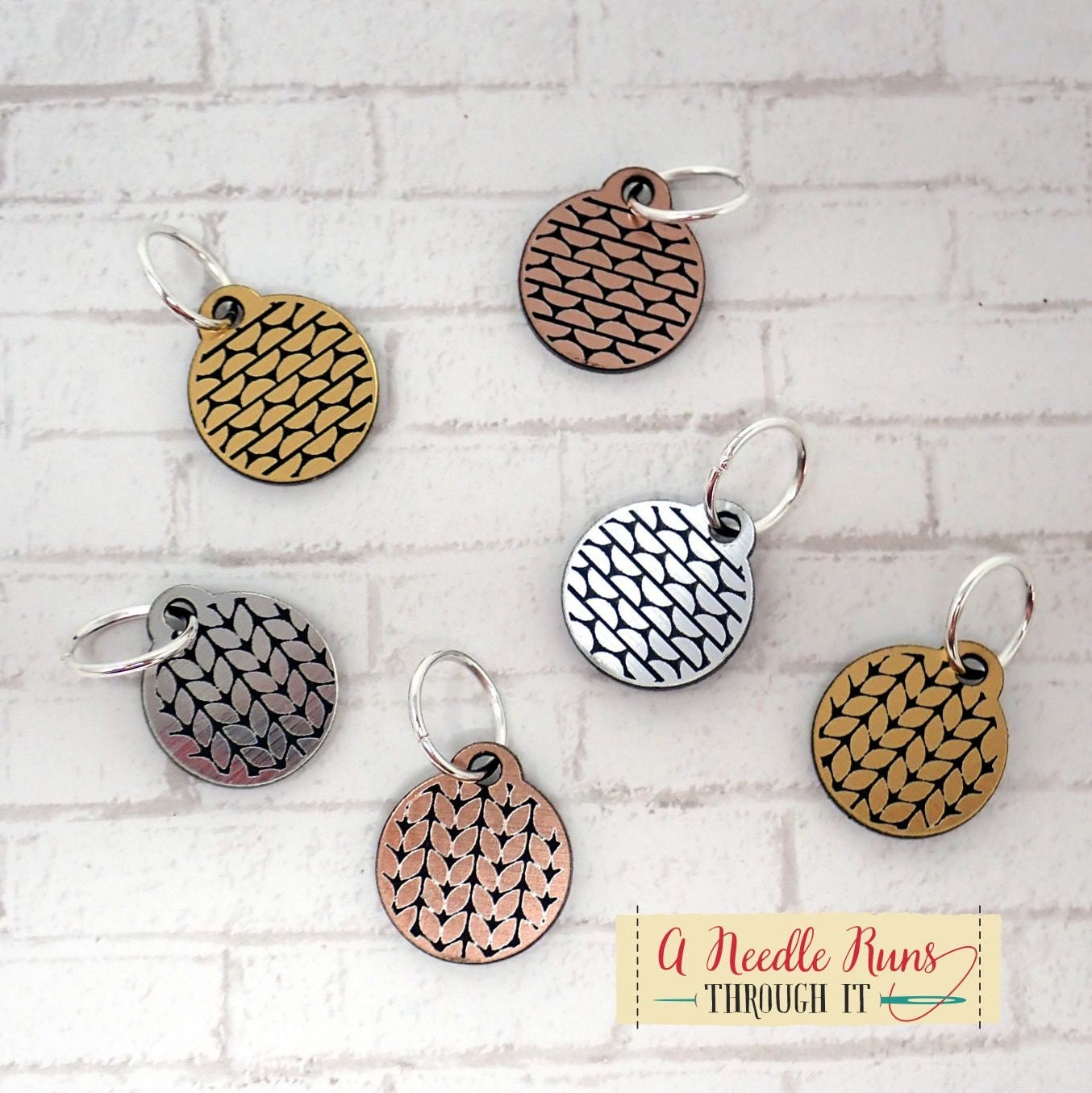 Brushed metal rose gold, gold and silver knit and purl stitch markers, metallic look stich markers for knitting, knit purl progress keepers