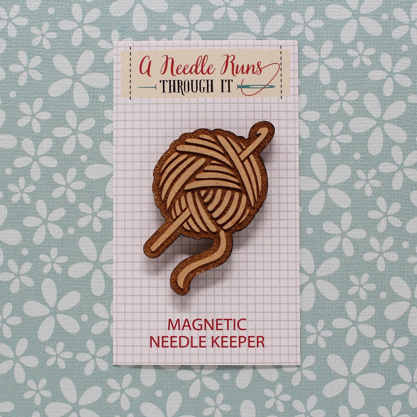 Knitting needles, crochet hook with yarn Cross Stitch Needle Minder, Wood Magnetic Needle Minder. Hand embroidery, Needle Keeper.