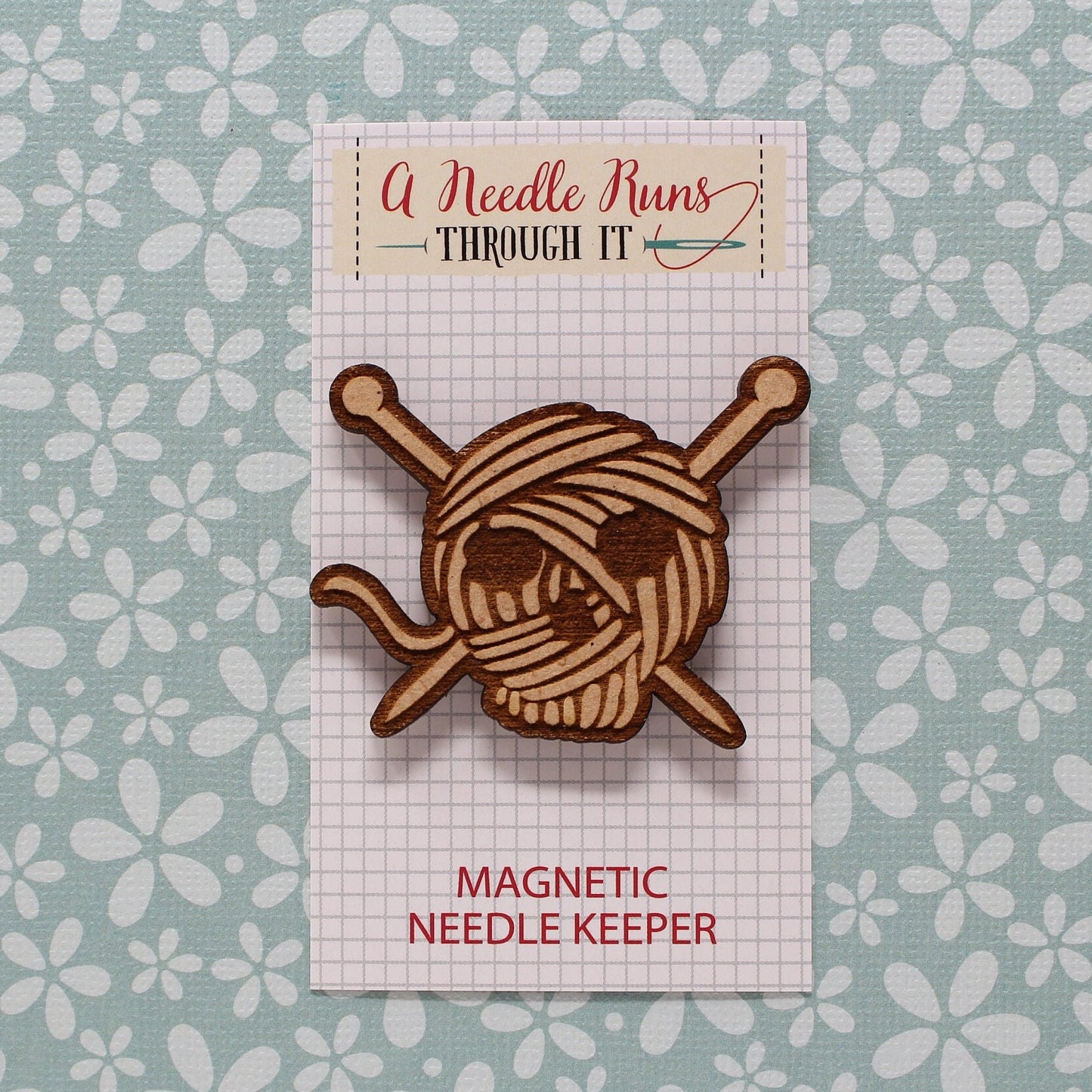 Knitting needles, crochet hook with yarn Cross Stitch Needle Minder, Wood Magnetic Needle Minder. Hand embroidery, Needle Keeper.