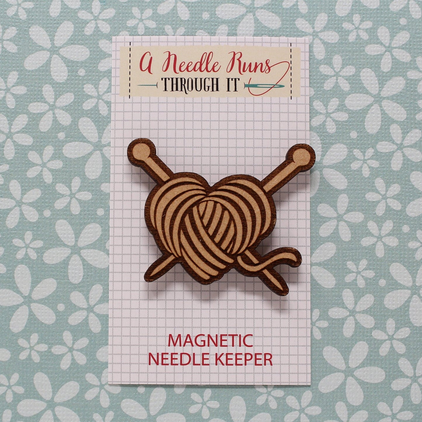 Knitting needles, crochet hook with yarn Cross Stitch Needle Minder, Wood Magnetic Needle Minder. Hand embroidery, Needle Keeper.