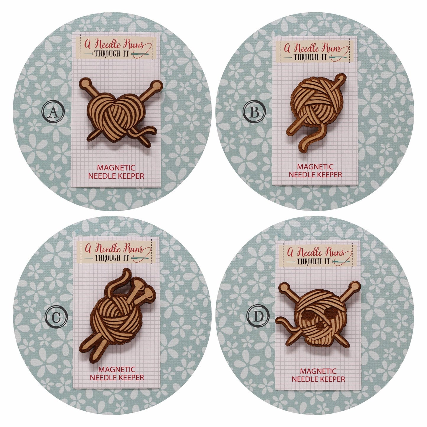 Knitting needles, crochet hook with yarn Cross Stitch Needle Minder, Wood Magnetic Needle Minder. Hand embroidery, Needle Keeper.
