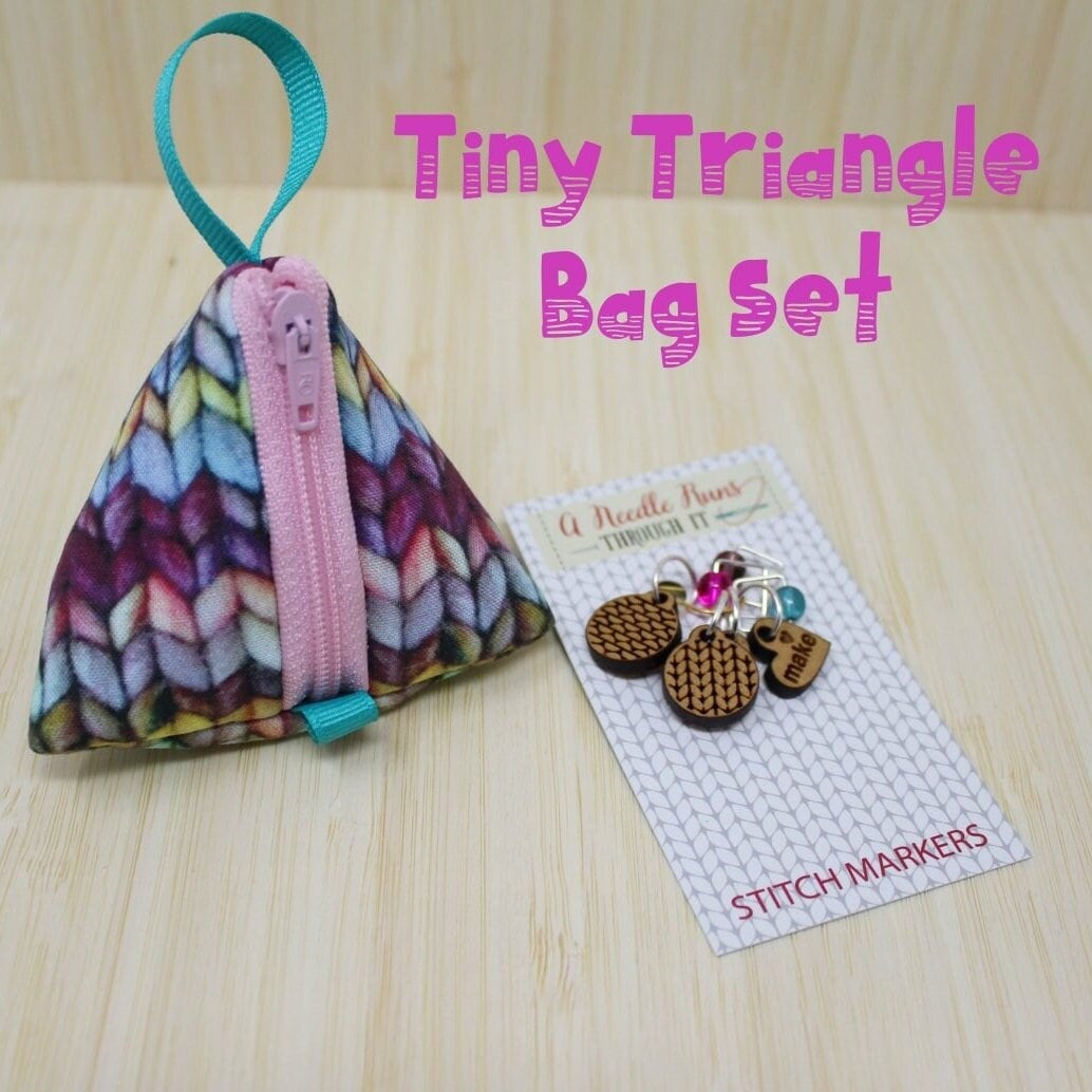 Knitting notions bag. Tiny Triangle bag and Knitting Stitch Markers Set. Pyramid bag, little knitting treasure bag, Stitch marker bag