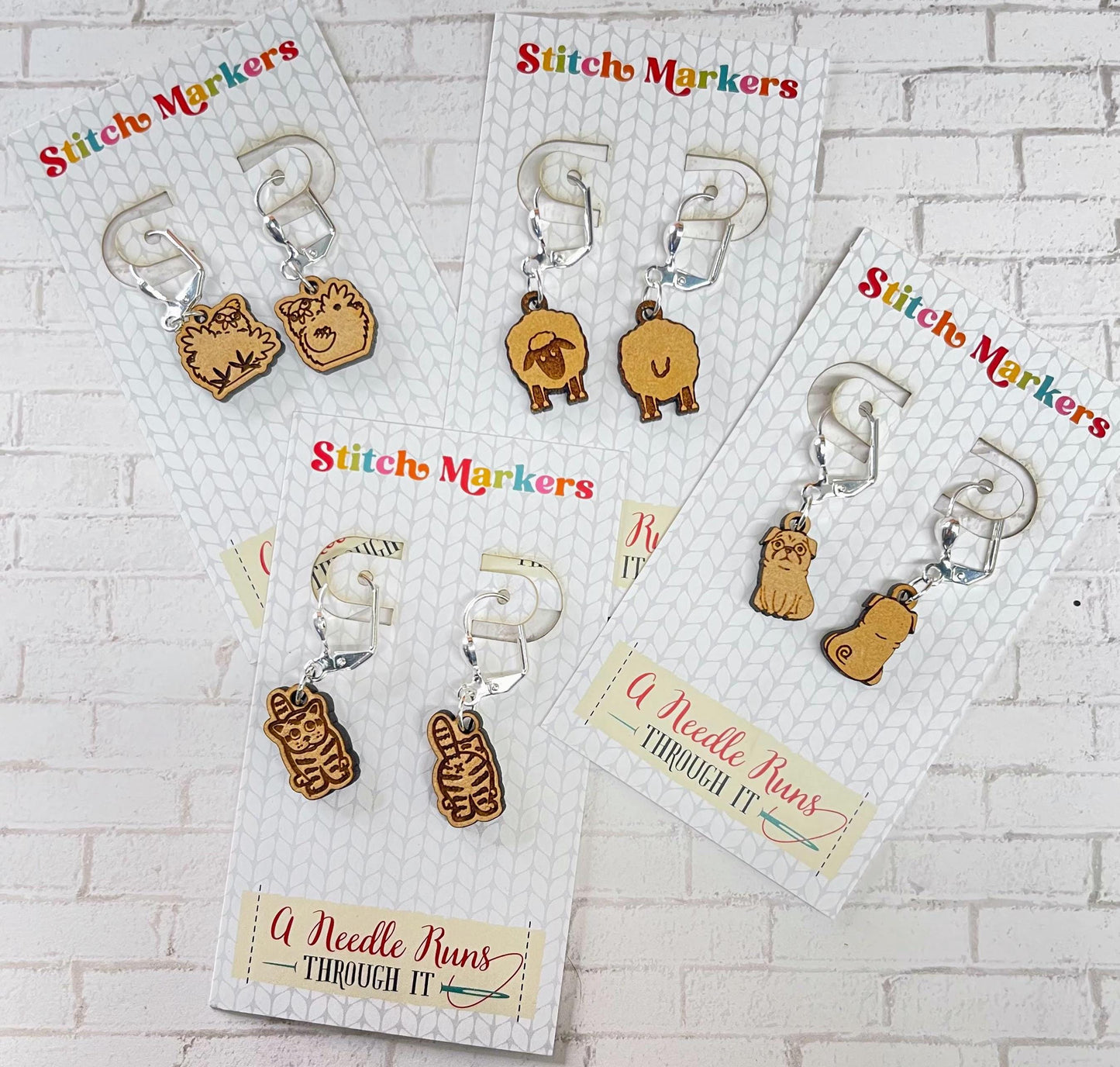 Front and Back stitch markers, right side/wrong side Sheep, Pug, Kitties, Chicken Earrings or removable markers for knitting and crochet