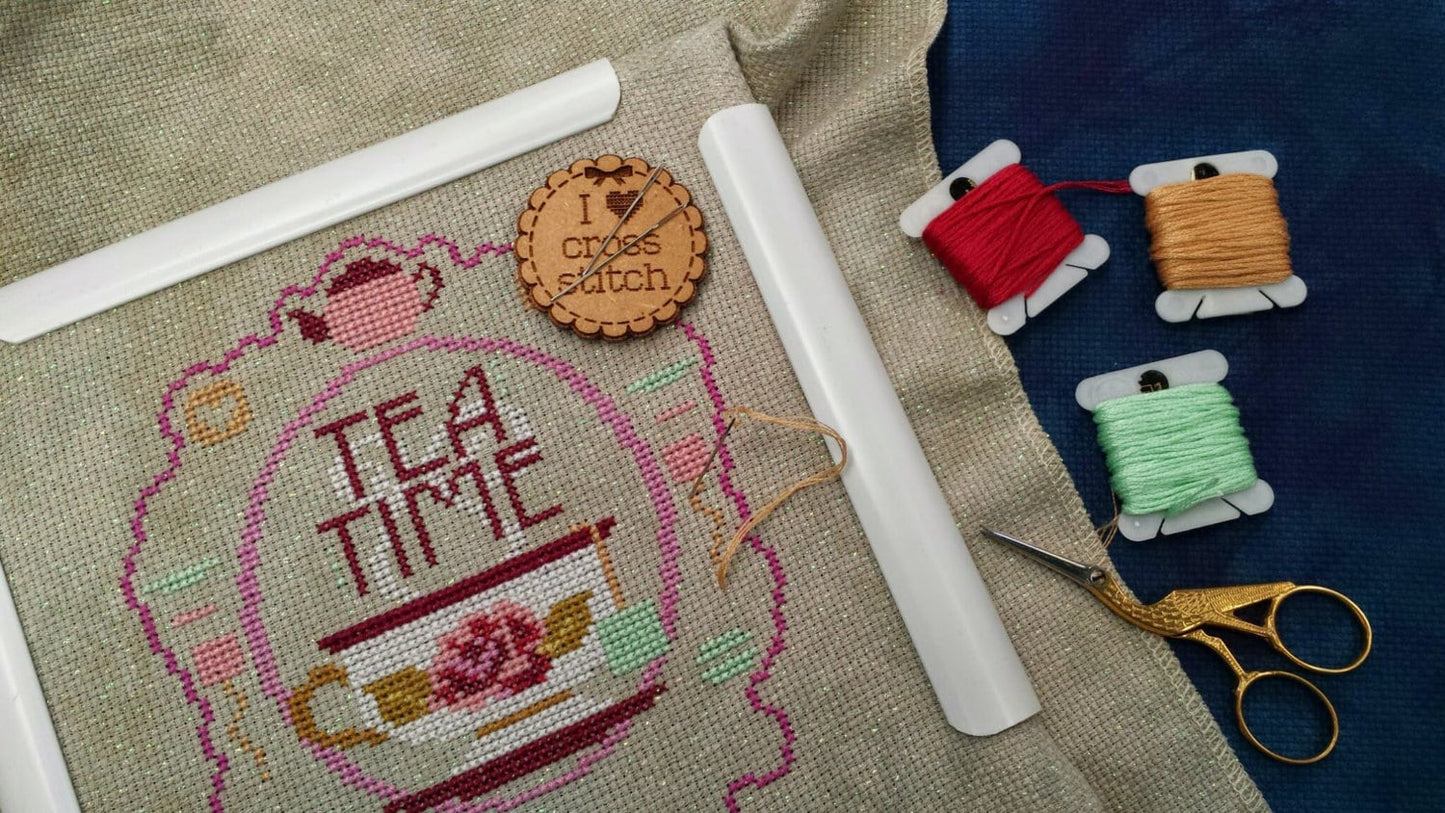 Knitting needles, crochet hook with yarn Cross Stitch Needle Minder, Wood Magnetic Needle Minder. Hand embroidery, Needle Keeper.