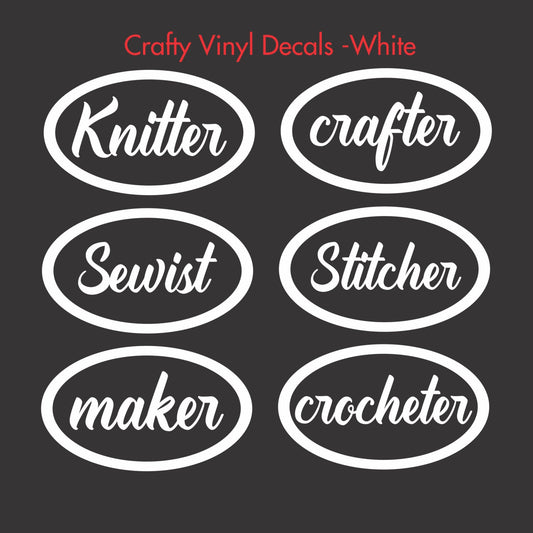 Crafty Car Decals, Laptop Decal, Vinyl Stickers for your car or window. Knitting Decals, Crochet Decals, Hobby Stickers