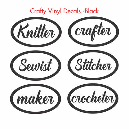 Crafty Car Decals, Laptop Decal, Vinyl Stickers for your car or window. Knitting Decals, Crochet Decals, Hobby Stickers