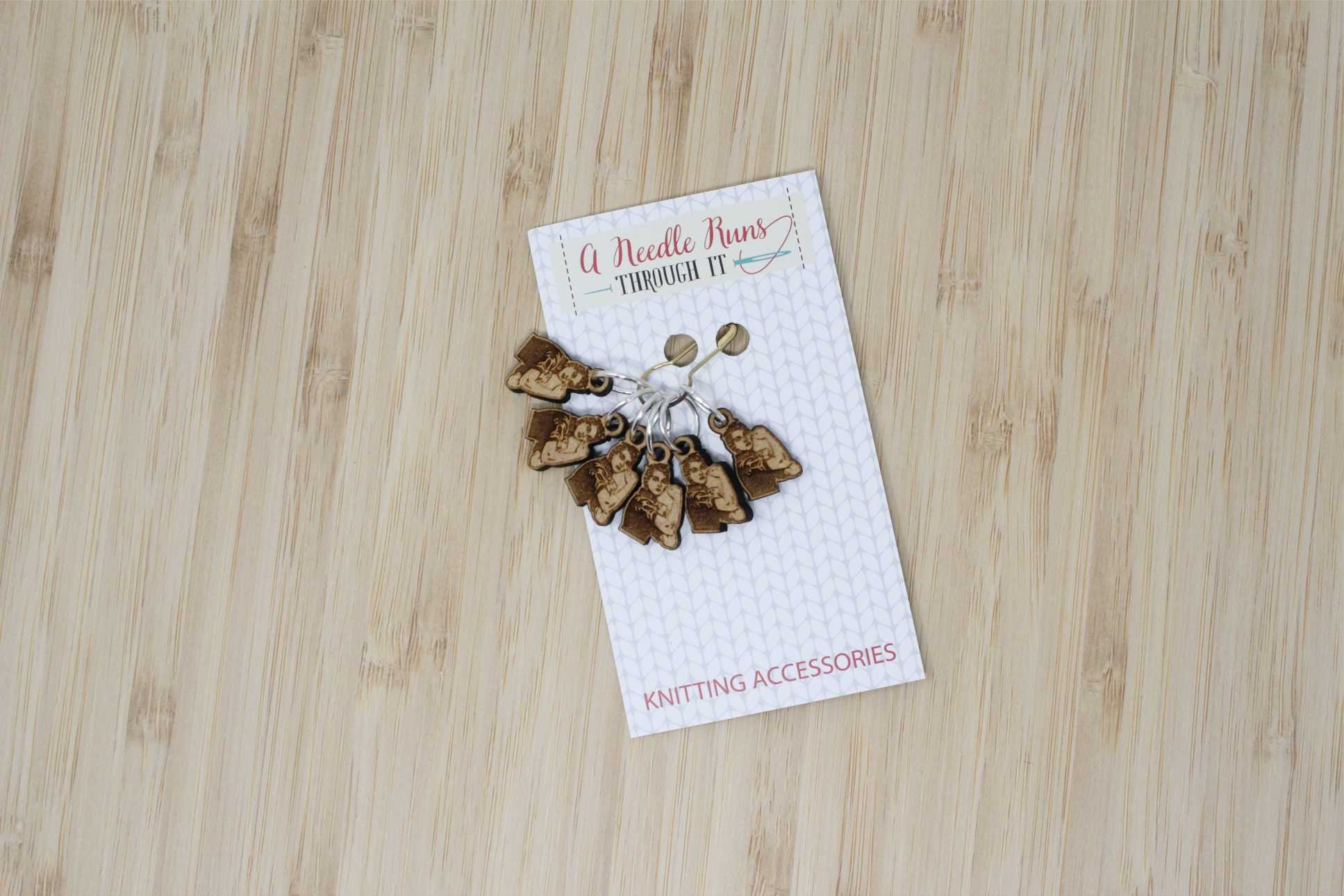 Rosie Stitch marker set, snag free stitch markers. Rosie the Riveter stitch markers for knitting. Snag Free Stitch markers, crochet Feminist