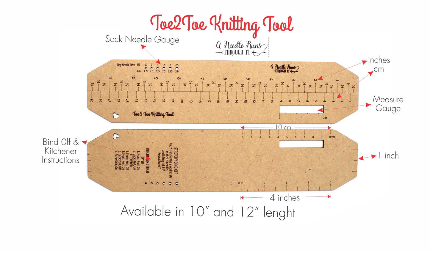 Toe2Toe Knitting tool for Sock Knitting, Kitchener Stitch and bind off Instructions. Knitting Tool for socks. Sock Knitting measuring ruler