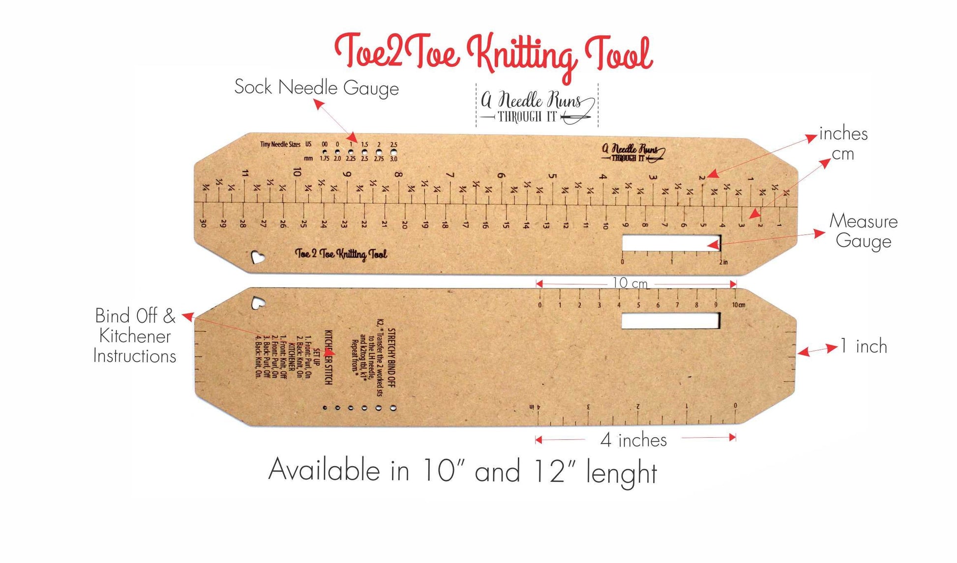 Toe2Toe Knitting tool for Sock Knitting, Kitchener Stitch and bind off Instructions. Knitting Tool for socks. Sock Knitting measuring ruler