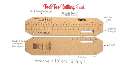 Toe2Toe Knitting tool for Sock Knitting, Kitchener Stitch and bind off Instructions. Knitting Tool for socks. Sock Knitting measuring ruler