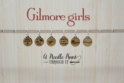 GG knitting stitch markers set, Luke's coffee, Stars Hollow, Dragonfly Inn. Crochet Progress Keepers.