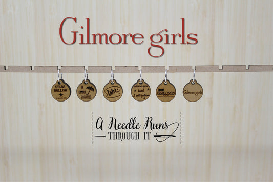 GG knitting stitch markers set, Luke's coffee, Stars Hollow, Dragonfly Inn. Crochet Progress Keepers.