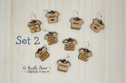 Sweater Helpers stitch marker sets, Helpful stitch markers, increase marker, decrease marker, ruler and pin holder, progress keepers.