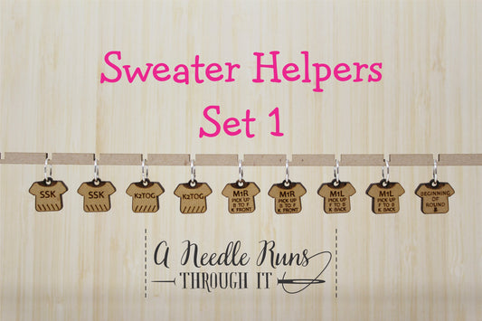 Sweater Helpers stitch marker sets, Helpful stitch markers, increase marker, decrease marker, ruler and pin holder, progress keepers.