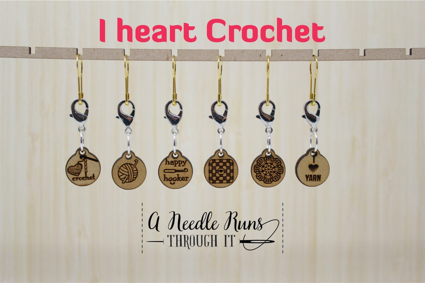 I heart crochet clasp stitch markers, granny square, crochet hook. Removable stitch markers for crochet