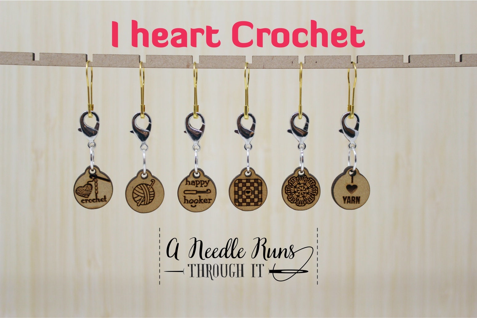 I heart crochet clasp stitch markers, granny square, crochet hook. Removable stitch markers for crochet