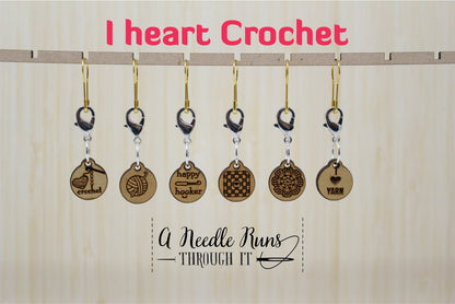 I heart crochet clasp stitch markers, granny square, crochet hook. Removable stitch markers for crochet