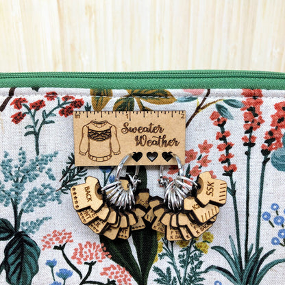 Sweater Helpers stitch marker sets, Helpful stitch markers, increase marker, decrease marker, ruler and pin holder, progress keepers.