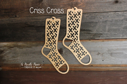 Criss Cross Sock Blockers, Baltic Birch Criss Cross Wood Sock blockers, pair of blockers for knitting socks. S, M, L sizes. Wood sock form
