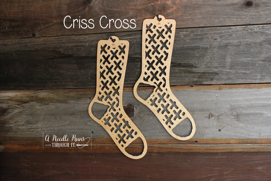 Criss Cross Sock Blockers, Baltic Birch Criss Cross Wood Sock blockers, pair of blockers for knitting socks. S, M, L sizes. Wood sock form