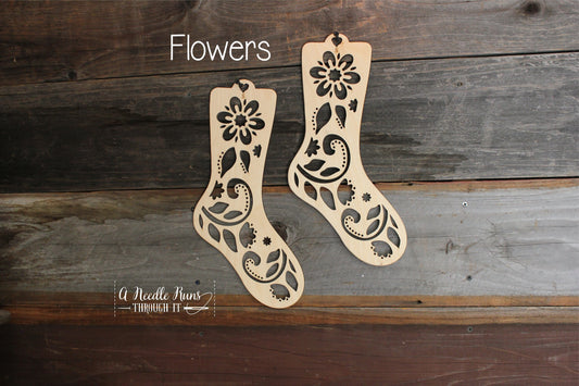 Flower Sock Blockers, Baltic Birch Flower Design Wood Sock blockers, pair of blockers for knitting socks. S, M, L sizes. Wood sock form