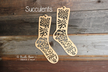 Succulents Sock Blockers, Baltic Birch Succulent Design Wood Sock blockers,pair of blockers for knitting socks. S, M, L sizes.Wood sock form