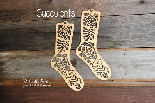 Succulents Sock Blockers, Baltic Birch Succulent Design Wood Sock blockers,pair of blockers for knitting socks. S, M, L sizes.Wood sock form