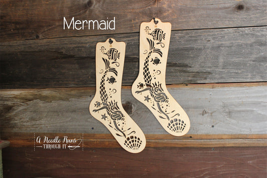 Mermaid Sock Blockers, Baltic Birch Mermaid Design Wood Sock blockers, pair of blockers for knitting socks. S, M, L sizes. Wood sock form