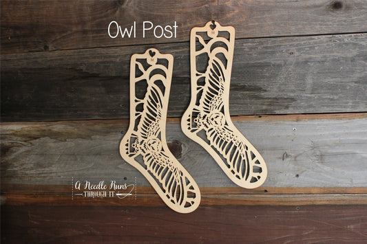 Owl Sock Blockers, Baltic Birch Owl Design Wood Sock blockers, pair of blockers for knitting socks. S, M, L sizes. Wood sock form