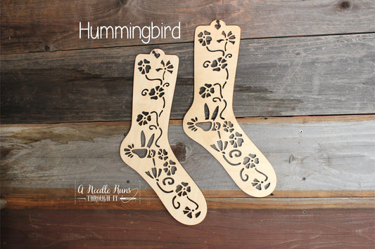 Hummingbird Sock Blockers, Birch Hummingbird Design Wood Sock blockers,pair of blockers for knitting socks. S, M, L sizes.Wood sock form