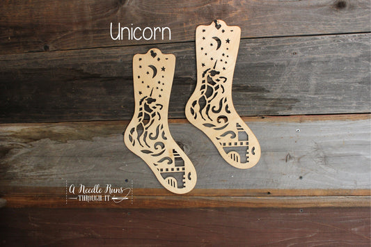 Unicorn Sock Blockers, Baltic Birch Unicorn Design Wood Sock blockers, pair of blockers for knitting socks. S, M, L sizes. Wood sock form