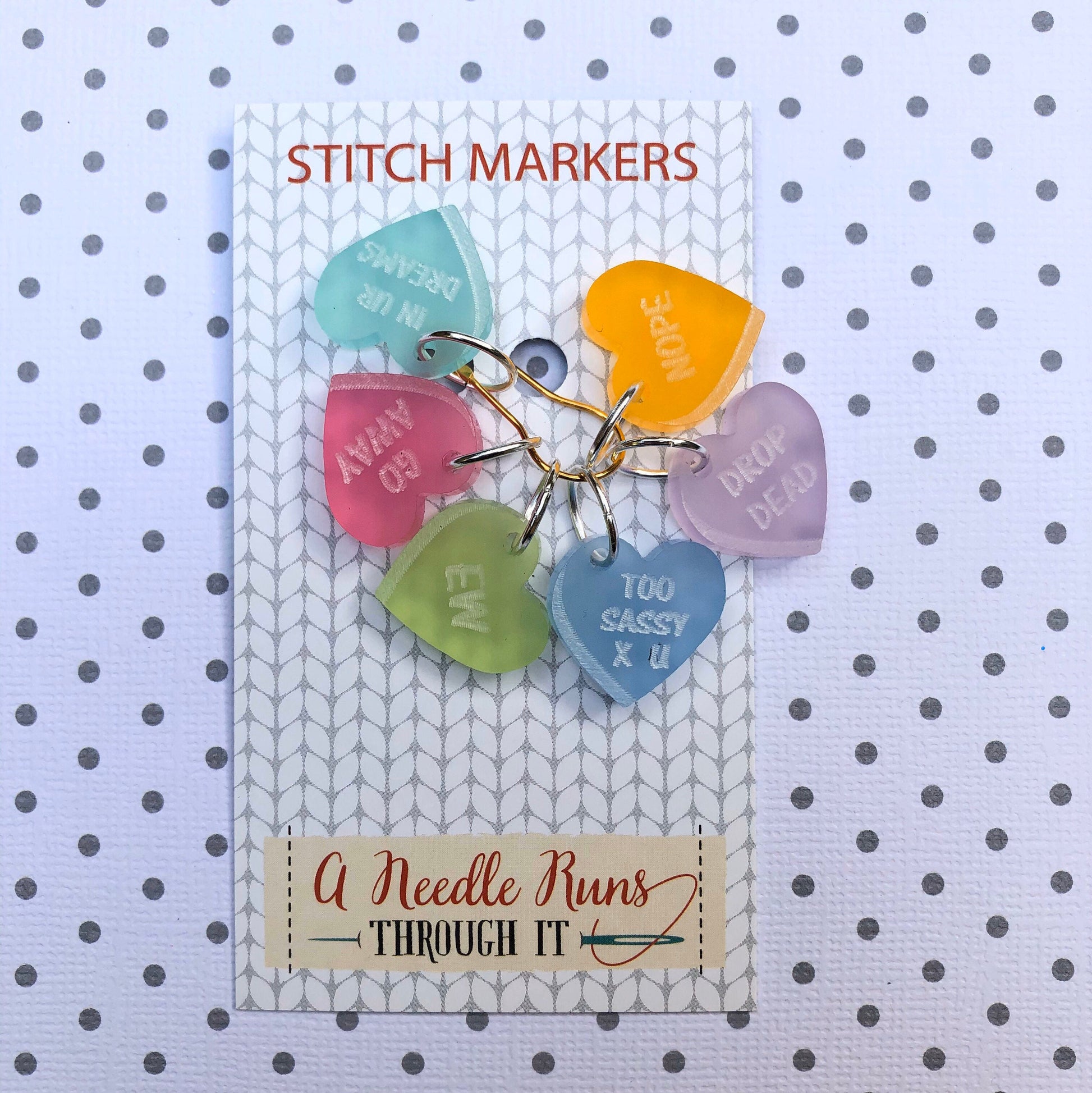 Sassy valentine stitch markers for knitting or crochet. Progress keepers Valentine’s Day. Candy heart stitch markers. Color Stitch markers