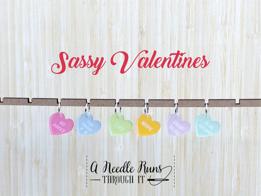 Sassy valentine stitch markers for knitting or crochet. Progress keepers Valentine’s Day. Candy heart stitch markers. Color Stitch markers