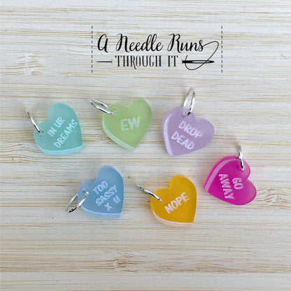Sassy valentine stitch markers for knitting or crochet. Progress keepers Valentine’s Day. Candy heart stitch markers. Color Stitch markers