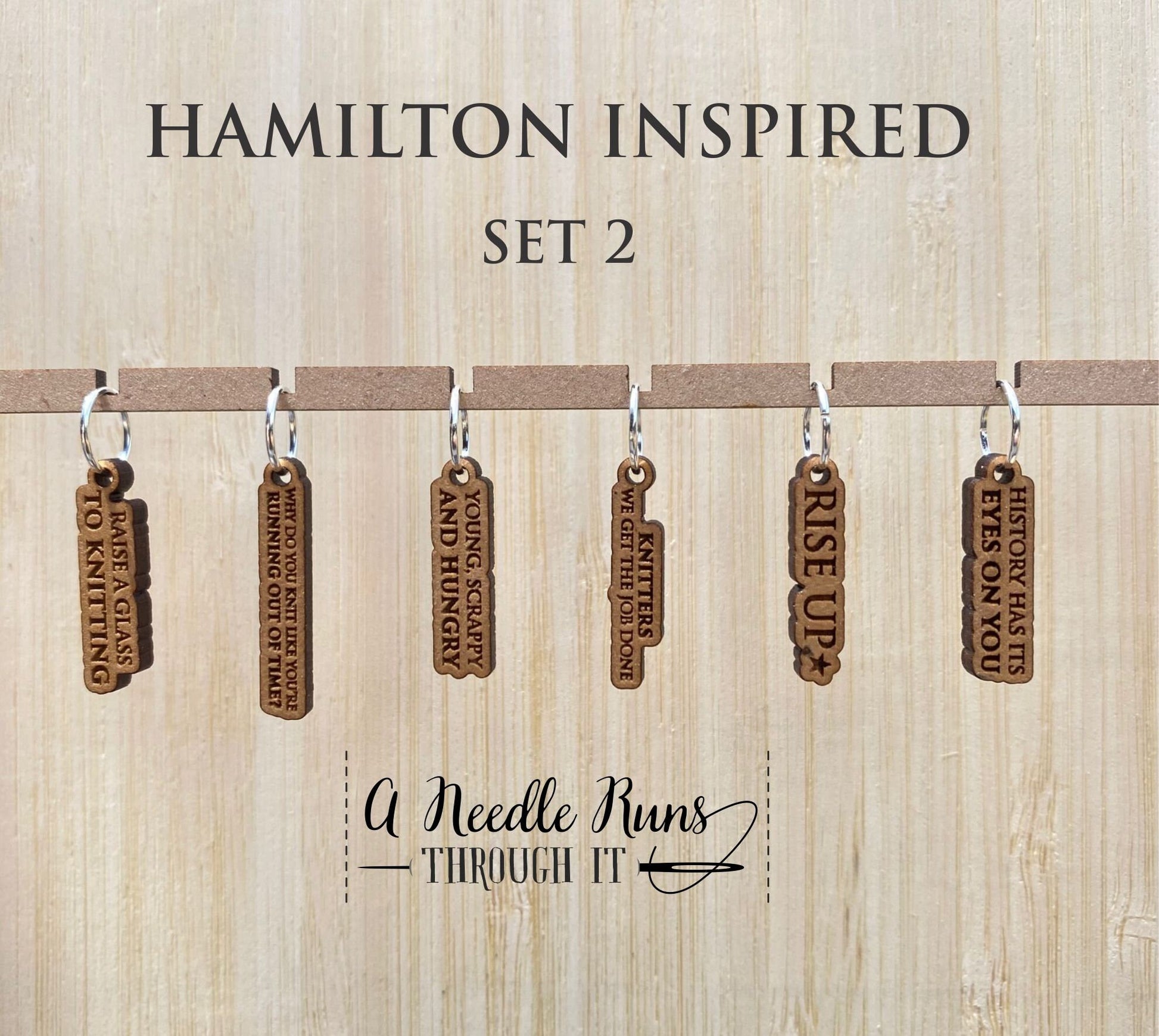 Hamilton Inspired Stitch Marker Set for knitting and crochet, musical inspired knitting markers. Rise Up