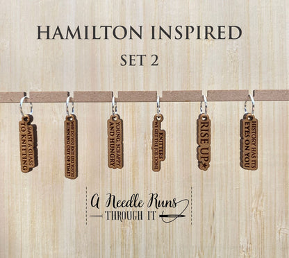 Hamilton Inspired Stitch Marker Set for knitting and crochet, musical inspired knitting markers. Rise Up