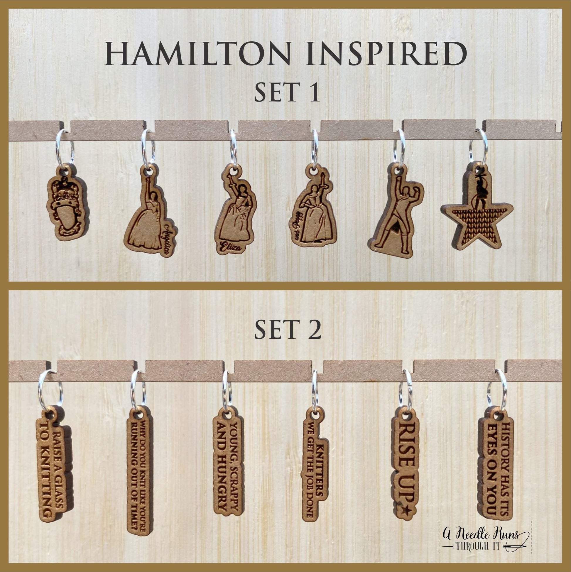 Hamilton Inspired Stitch Marker Set for knitting and crochet, musical inspired knitting markers. Rise Up