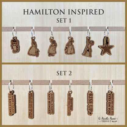 Hamilton Inspired Stitch Marker Set for knitting and crochet, musical inspired knitting markers. Rise Up