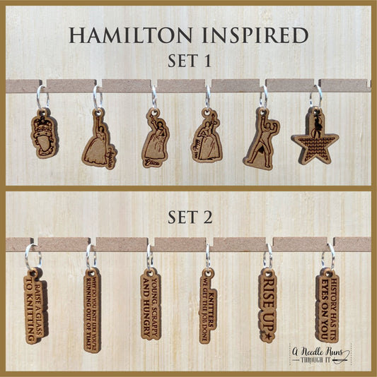 Hamilton Inspired Stitch Marker Set for knitting and crochet, musical inspired knitting markers. Rise Up