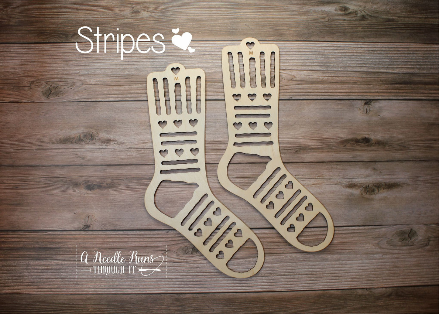 Stripe hearts Sock Blockers,Baltic Birch stripes Design Wood Sock blockers,pair of blockers for knitting socks.S, M, L sizes. Wood sock form