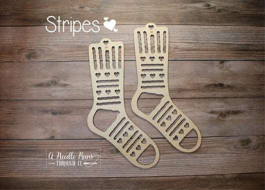 Stripe hearts Sock Blockers,Baltic Birch stripes Design Wood Sock blockers,pair of blockers for knitting socks.S, M, L sizes. Wood sock form