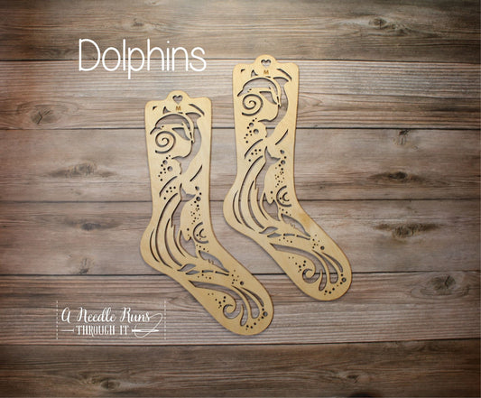 Dolphin Sock Blockers, Baltic Birch Dolphin Design Wood Sock blockers, pair of blockers for knitting socks. S, M, L sizes. Wood sock form